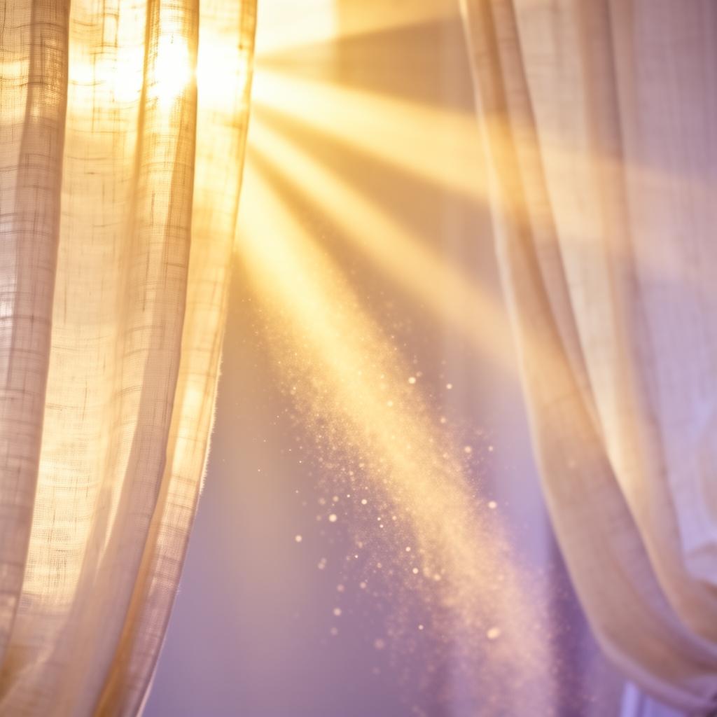 Light — warm sunbeams through sheer curtains